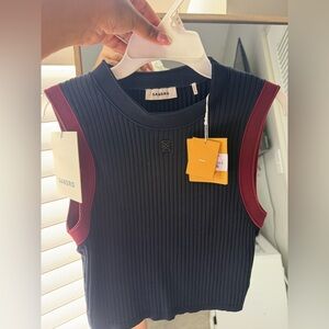 Sandro Navy Ribbed Sleeveless Tank with Burgundy Arm Trim